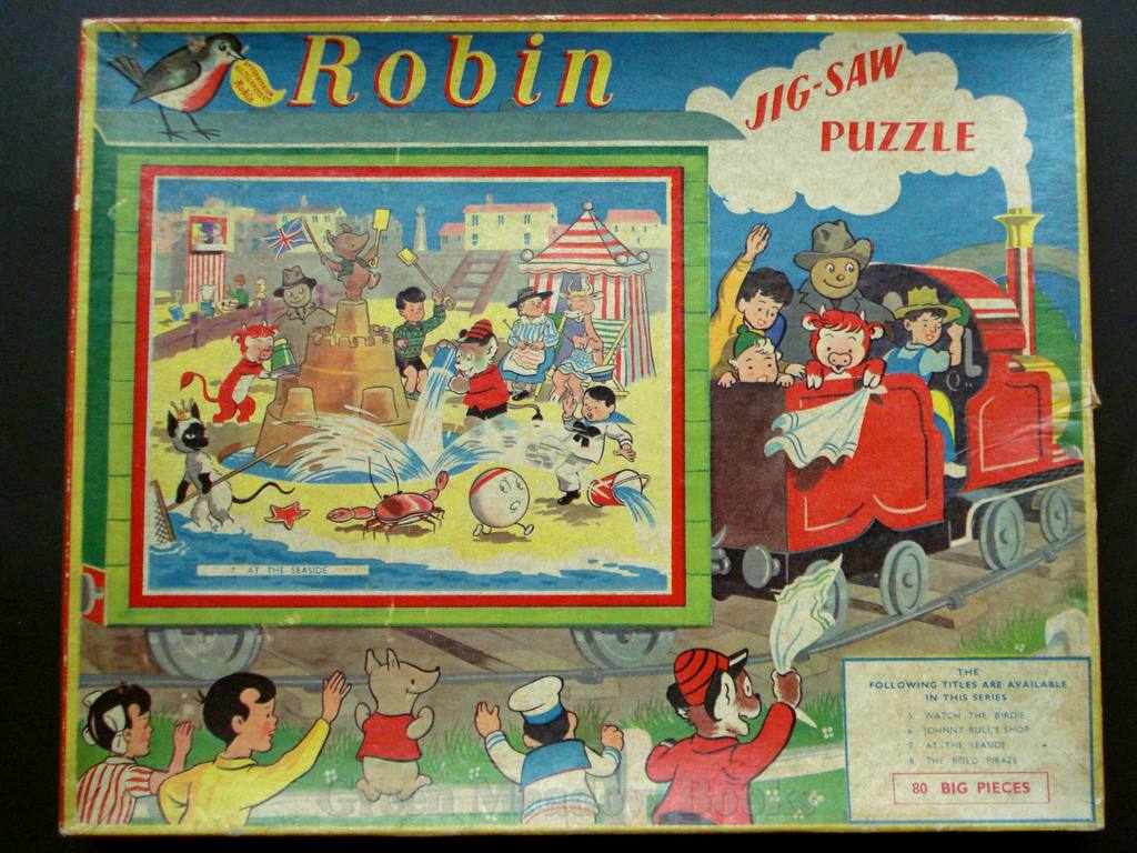 Image for ROBIN JIG-SAW PUZZLE AT THE SEASIDE No. 7 in series. Featuring Tai-Lu, the magical Siamese Cat,Tiptop, Mrs Bumble, Richard Lion,Simon & Sally, Johnny Bull,Woppit etc.